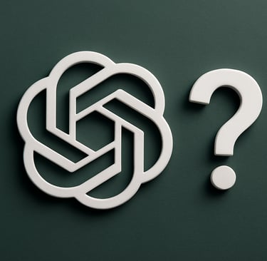 Logo 3D do ChatGPT branco ao lado de um ponto de interrogação em alto-relevo, sobre fundo verde escu