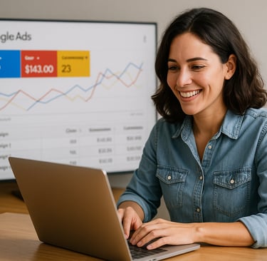 Mulher sorridente usando notebook em ambiente de escritório, com gráficos de desempenho do Google Ad