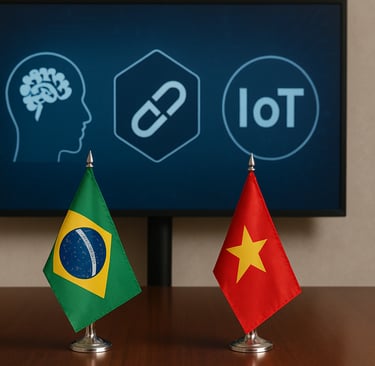 Bandeiras do Brasil e do Vietnã lado a lado sobre uma mesa de madeira, com um monitor ao fundo exibi