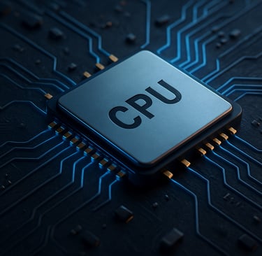 Imagem realista de um processador moderno (CPU) montado em uma placa-mãe, com circuitos eletrônicos 