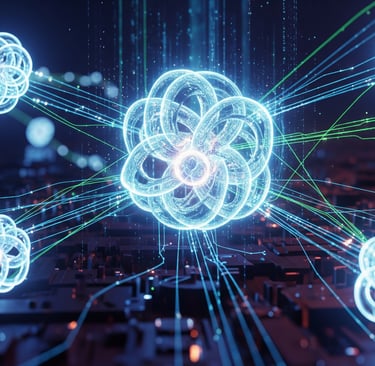  Visualização abstrata de computação quântica com qubits interconectados e brilhantes, representando