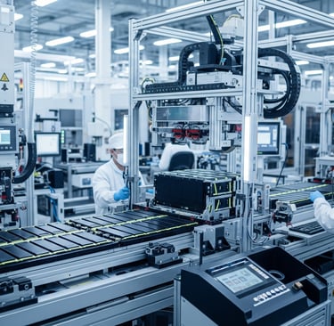 Linha de produção de baterias para veículos elétricos em uma fábrica moderna, com trabalhadores e ma
