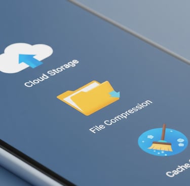 Tela de um smartphone exibindo três ícones principais: um representando armazenamento em nuvem, outr
