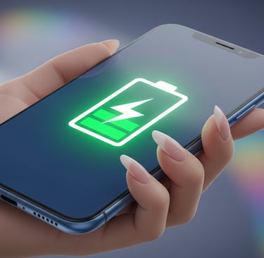 Uma mão segura um smartphone moderno e elegante com a tela exibindo um ícone de bateria verde e chei