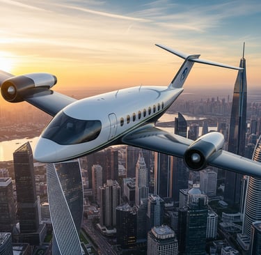 Uma imagem realista de um avião elétrico branco e futurista voando sobre uma cidade moderna ao pôr d