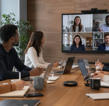 Reunião híbrida em uma sala moderna: equipe diversa sentada ao redor de uma mesa de madeira com lapt