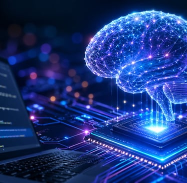 Cérebro digital brilhante formado por conexões luminosas flutuando sobre um chip em uma placa eletrô