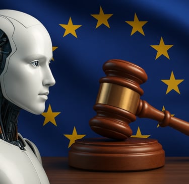 Robô humanoide ao lado de um martelo de juiz com a bandeira da União Europeia ao fundo, simbolizando