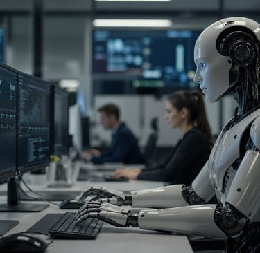 Robô humanoide trabalhando em computador em escritório moderno, representando o avanço da inteligênc