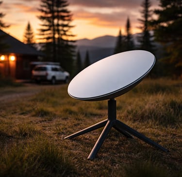 Antena Starlink ao entardecer em área rural
