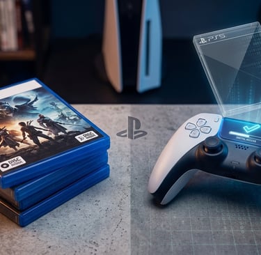 Controle de PS5 com holograma de jogo digital e discos físicos ao lado