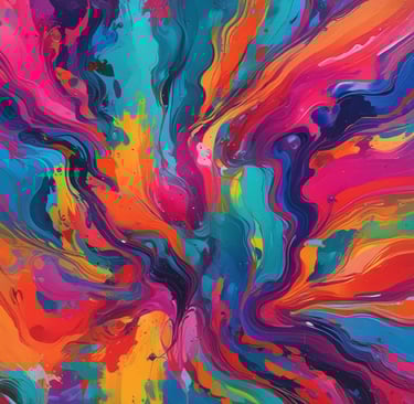 Vibrant abstract art featuring swirling patterns and splatters of paint. Bright pink, purple, and blue backgrounds are intersected by bold yellow lines and various circular or amorphous forms. The composition is lively and dynamic, with a playful arrangement of colors and shapes.