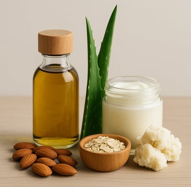Piel hidratada naturalmente con ingredientes como aceites, aloe vera y avena