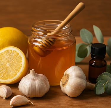 Ingredientes naturales como miel, ajo y jengibre usados como remedios contra el resfriado común