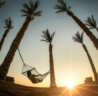 Person relaxing in a hammock between palm trees at sunset in Egypt.