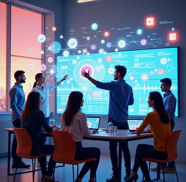 A modern, creative digital studio with a team of young professionals collaborating around screens di