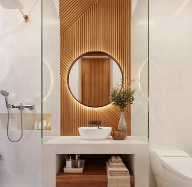 Villa Nila bathroom featuring natural textures and a seamless connection to the outdoor patio blend