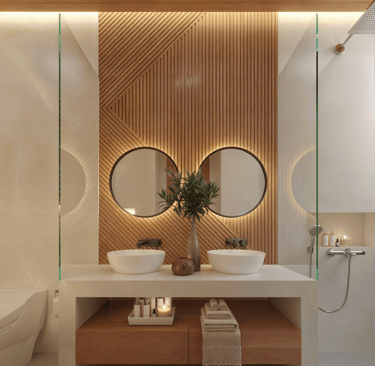 Modern bathroom in Villa Oraya opening onto a lush patio, offering a natural and tranquil Bali exper