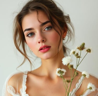 a woman with a flower in her hand, feminine