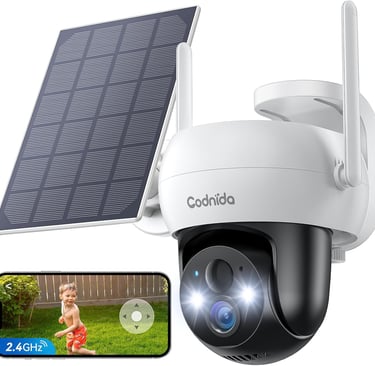 Codnida 2K Caméra Wi-Fi extérieure sans fil avec panneau solaire, 360° PTZ Caméra de surveillance à 