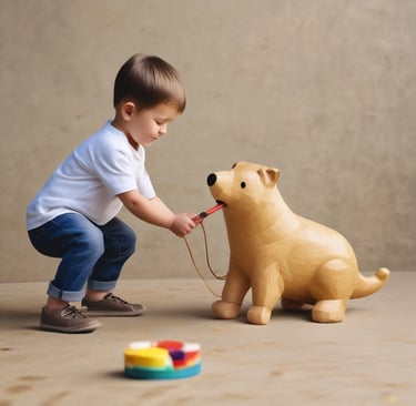 A happy dog playing with a colorful toy in a sunny park.