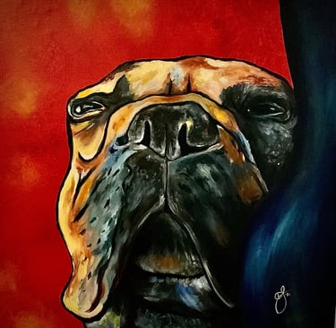 French bulldog, dog, pet, pet portrait, art, dog on red background, acrylic painting, frenchie