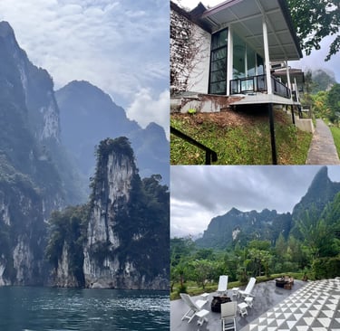 Views of soaring mountains surrounding a lake in Khao Sok, Thailand, A glass bungalow and mountains
