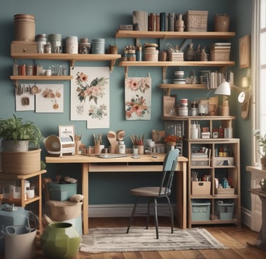 Several neatly folded fabrics in different patterns and colors are arranged on wooden shelves. Below the fabrics, there is a table with a few sewing items including a pair of scissors, a measuring tape, and a spool of thread. The shelves also have some boxes with labels. The setting gives a rustic and cozy feel.