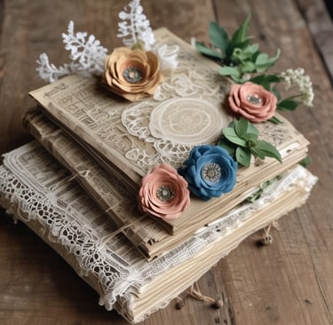 a stack of journals with flowers on top of them