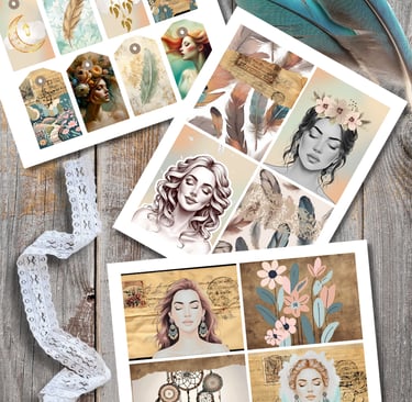 Boho-inspired ephemera featuring feathers, dreamcatchers, and portraits of women in muted tones