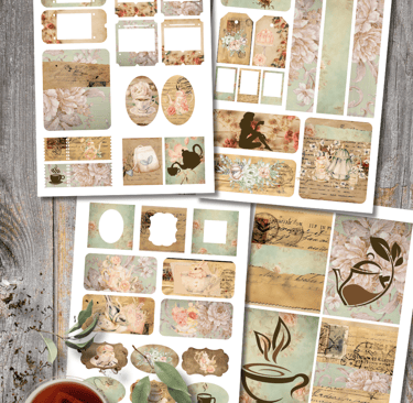 picture of vintage tea-themed printable ephemera, displayed on a rustic wooden surface