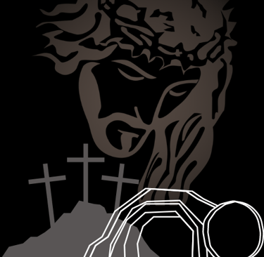Silhouettes of Jesus, three crosses, and an empty tomb.