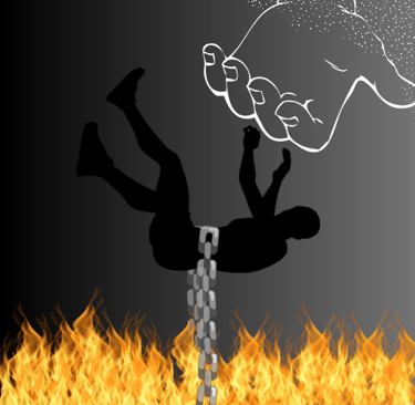 A hand reaches down to save a chained man being dragged towards flames