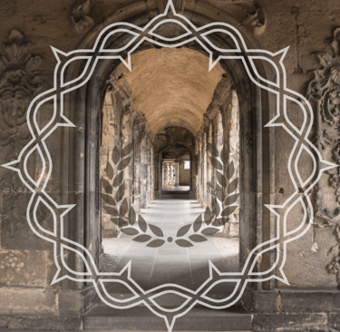 An empty stone hallway. Overlayed - a crown of thorns & a laurel wreath.