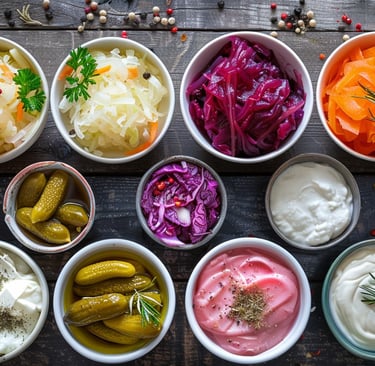 16 bowls of fermented foods on a wooden table