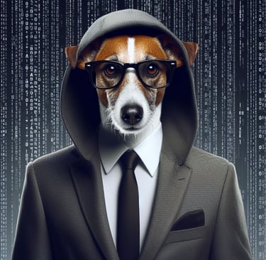 Jack Russell ID hacker investigador, de óculos, vestindo terno cinza com capuz e gravata preta