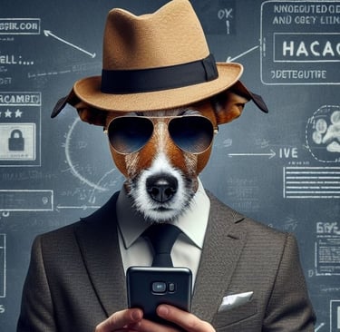 Jack Russell ID detetive usando chapéu, terno cinza, gravata preta e óculos escuros