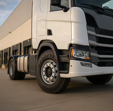 Cabeza tractora en perspectiva con neumático Goodyear en el eje delantero, junto a muelles de carga