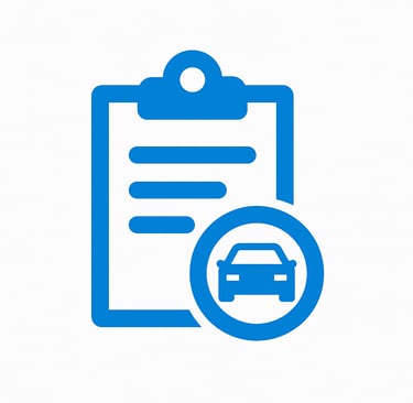 Icono azul de checklist con coche, revisión pre-compra de vehículos.