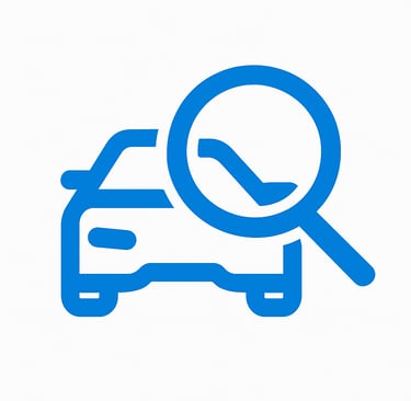 Icono azul de coche con lupa, peritaje técnico de vehículos.