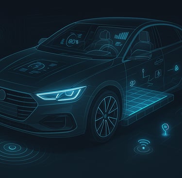 Concepto técnico de un coche moderno en 2025 con interfaz digital y arquitectura electrónica avanzad