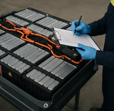 Técnico automotriz revisando una batería de vehículo eléctrico en taller, conforme al Reglamento Eu