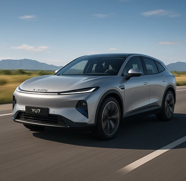 SUV Xiaomi YU7 circulando por autopista urbana