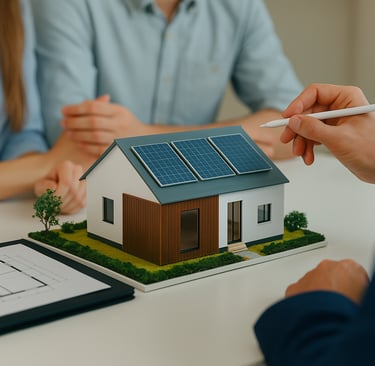 Un professionnel montre un modèle réduit d'une maison moderne avec des panneaux solaires sur le toit