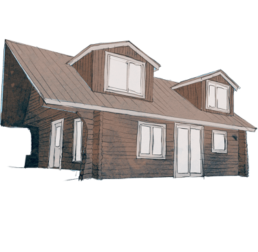 An illustration of a log house