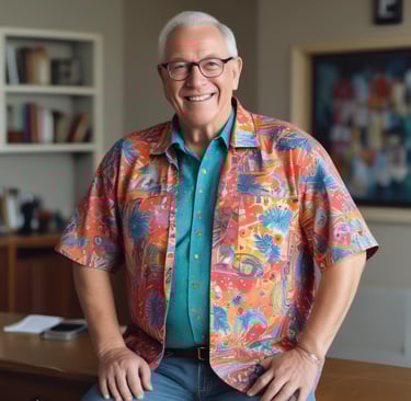 A person is sitting on a dentist's chair holding a round plaque, wearing a white coat and pink gloves in what appears to be a dental office. The room contains dental equipment and artwork depicting teeth.