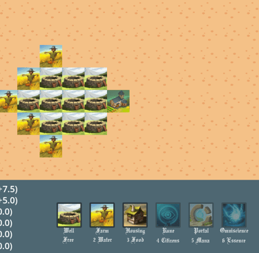 A 2D city-building strategy game interface showing a grid of wells, farms, and a base on a ta