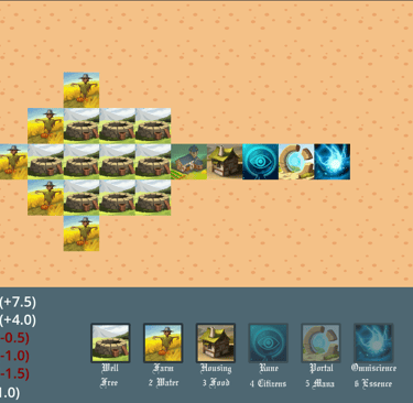 A 2D city-building strategy game interface showing a grid of wells, farms, and housing units on a tan background.