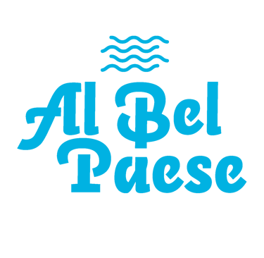 Logo del ristorante Al Bel Paese con scritta stilizzata in colore ciano e onde decorative, su sfondo