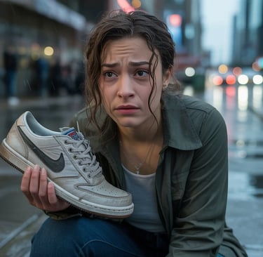 A girl holding old Nike shoe thinking about Nike shoe warranty claim process